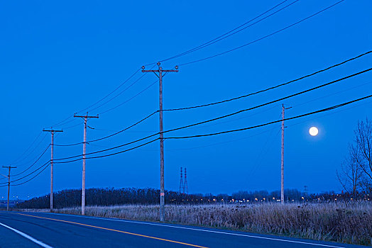 公路,水电,电,分配,杆,月出,黄昏,魁北克,加拿大,北美