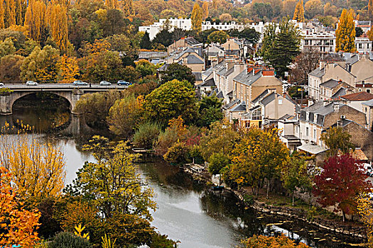 法国,区域,维埃纳,波瓦第尔,俯视图,城镇,秋天