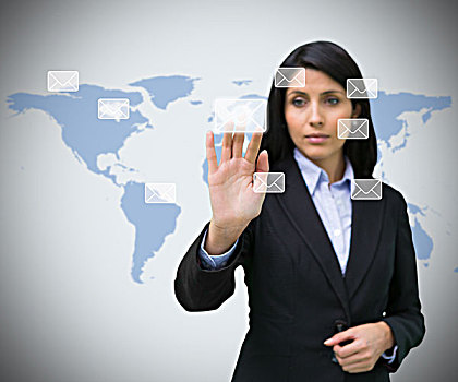 职业女性,选择,电子邮件,象征,世界地图,背景