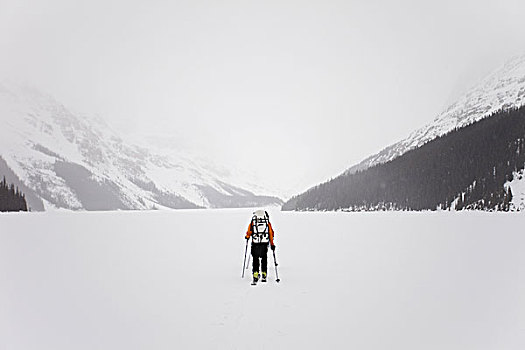 滑雪,穿过,冰冻,湖,山,艾伯塔省,加拿大