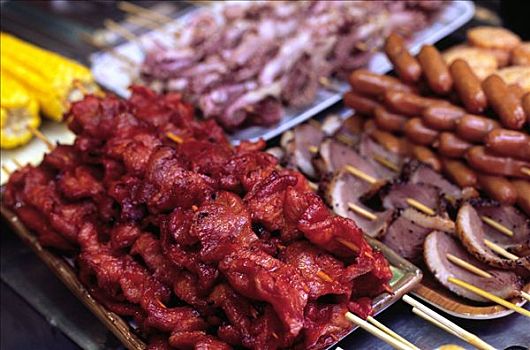 烧烤,猪肉,扦子,坐,托盘,美味,食物,售出,街道,货摊,香港,地区,九龙