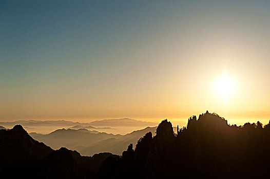 早晨,气氛,日出,石头,山,剪影,掸邦,黄山,安徽,中国