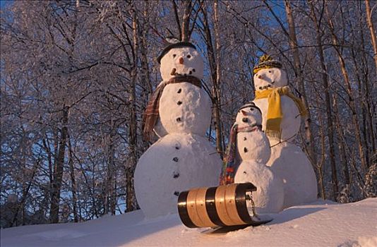 雪人,家庭,雪橇,山坡,冬天