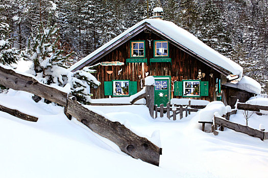 积雪,阿尔卑斯小屋,冬天