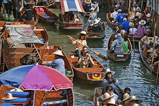 泰国,忙碌,运河,喧闹,水上市场,西南方,曼谷