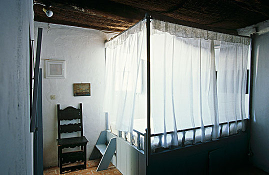 传统,卧室,木质,床,围绕,帘