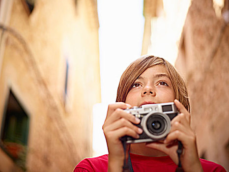 特写,男孩,摄影,乡村,街道,单反相机,马略卡岛,西班牙