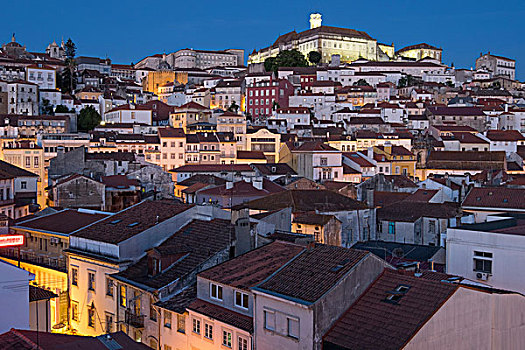 葡萄牙,可因布拉,山坡,风景,房子,大学,附近,日落,晚间