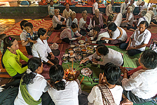 本地人,吃,一起,寺庙,靠近,贡布,柬埔寨,亚洲