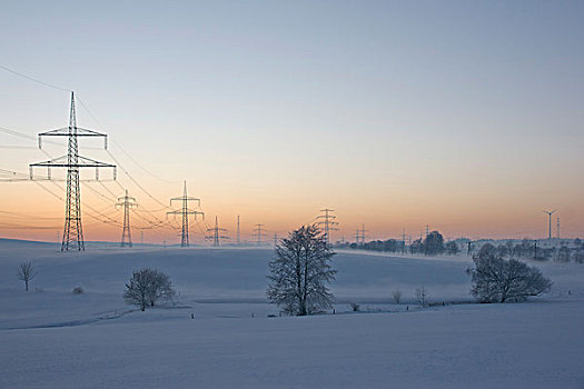 冬季风景,电线杆,图林根州,德国,欧洲