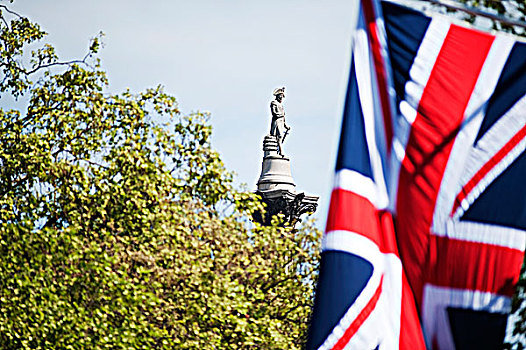 英格兰,伦敦,商场,联合,旗帜,皇家,婚礼,路线,雕塑,纳尔逊纪念柱,特拉法尔加广场,背景