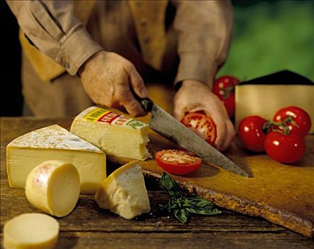 手,切,西红柿,木板,奶酪