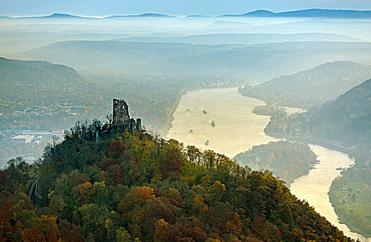 德哈亨费茨,城堡,遗址,秋天,风景,莱茵河,山谷,北莱茵威斯特伐利亚,德国,欧洲