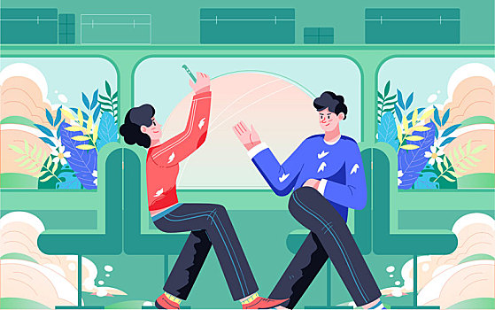 情侶旅行旅游海報(bào)秋游人物假期火車度假插畫(huà)