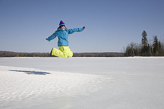 女人,跳跃,冰湖
