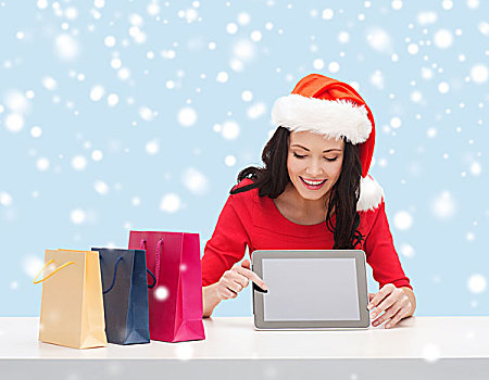 圣诞节,圣诞,电子产品,小物件,概念,微笑,女人,圣诞老人,帽子,留白,显示屏,平板电脑