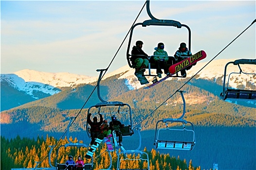 滑雪,滑雪缆车,日落