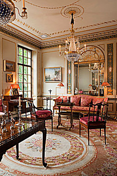 红木,桌子,椅子,老式,软垫,沙发,地毯,时髦,沙龙,乔治时期风格,公寓,伦敦