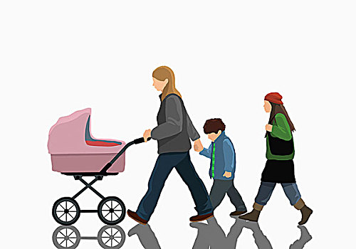 插画,图像,女人,两个孩子,婴儿车,走,白色背景,背景