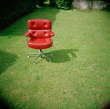 红色,皮革,旧式,设计师,办公室,椅子,绿色,草,花园,树篱