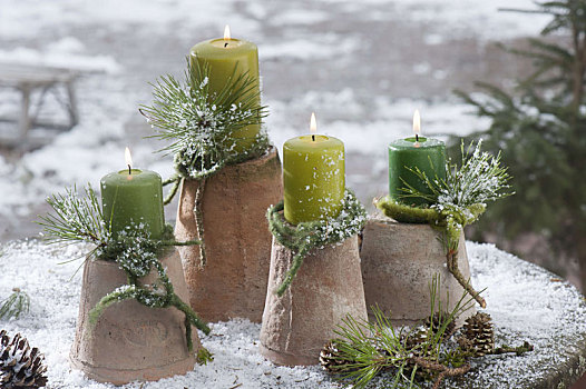 绿色,蜡烛,陶制器具,细枝,松属