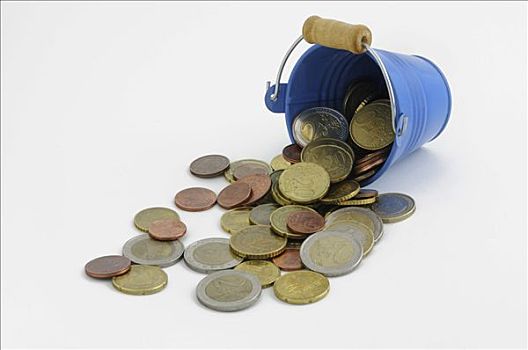 小,蓝色,金属,桶,溢出,欧元硬币