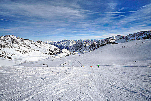 奥地利,提洛尔,山谷,冰河,滑雪坡,后面,山脉全景