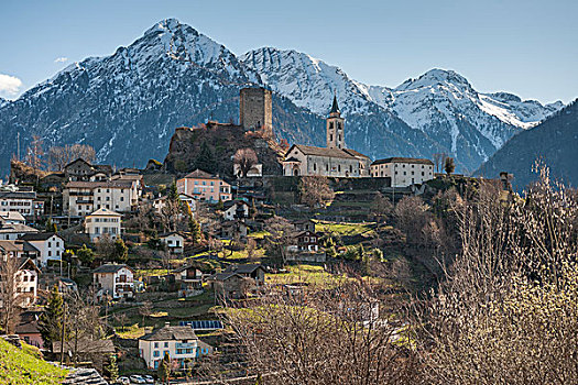 山村,圣马利亚,朝圣教堂,中世纪,塔,阿尔卑斯山,山,小路,瑞士,欧洲