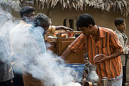 茶,摊贩,销售,村民,斗牛,孟加拉,一月,2008年