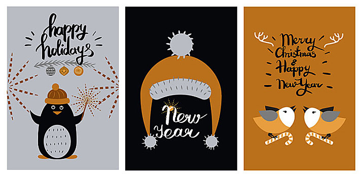 快乐假日,新年,彩色,海报,三个,矢量,插画,企鹅,闪闪发光,灰色,黄色,帽,黑色背景,鸟,拐棍糖,爪子,黄色背景