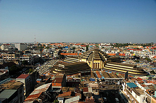 俯视,图像,中央市场,著名地标,金边,建筑,四个,黄色,翼,建造,西部,建筑风格,柬埔寨,十二月