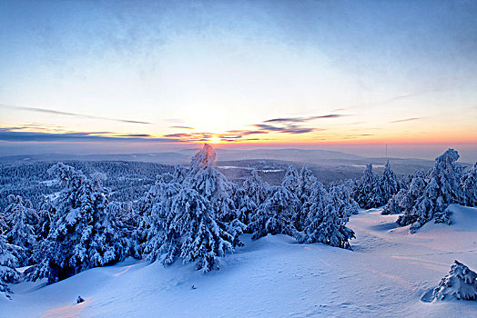 风景,布罗肯,铁路,雪,冬季风景,顶峰,夜光,哈尔茨山,萨克森安哈尔特,德国