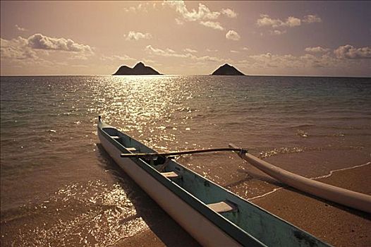 夏威夷,瓦胡岛,莫库鲁阿岛,岛屿,舷外支架,独木舟,海滩
