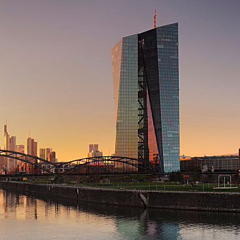 风景,上方,河,欧洲,中央银行,天际线,法兰克福,德国