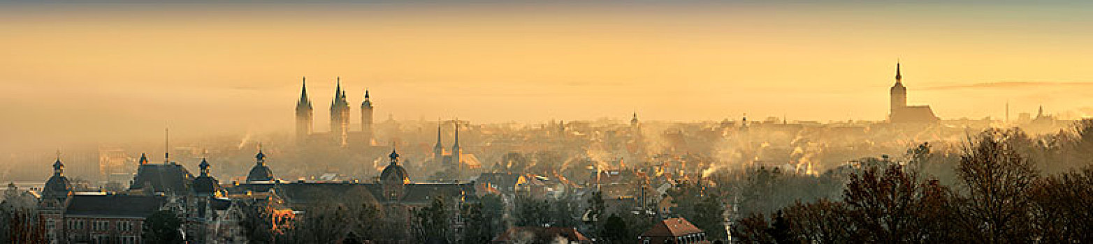 全景,城市,早晨,雾气,日出,左边,大教堂,右边,瓦兹拉夫,教堂,萨克森安哈尔特,德国,欧洲