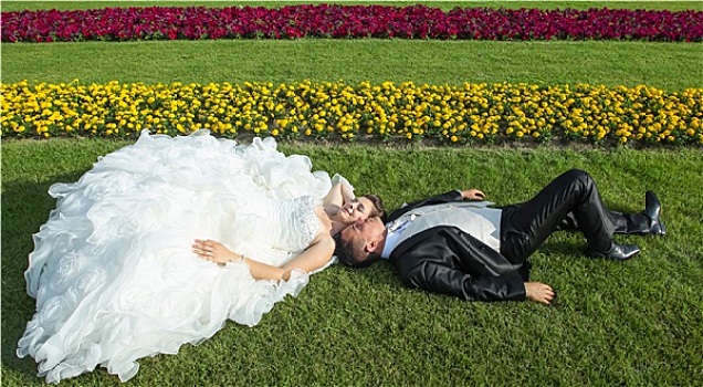新郎,新娘,躺着,草坪