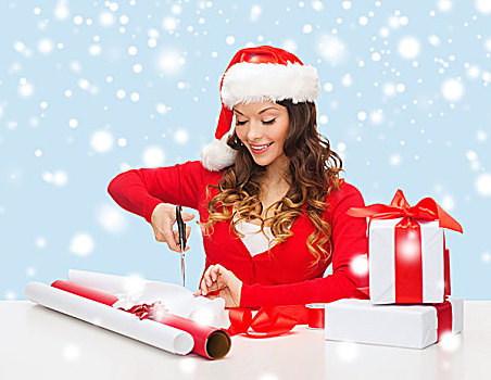 圣诞节,圣诞,冬天,高兴,概念,微笑,女人,圣诞老人,帽子,礼盒,包装纸,丝带