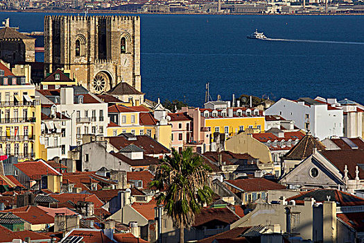 大教堂,地区,阿尔法马区,正面,河,塔古斯河,里斯本,葡萄牙,欧洲