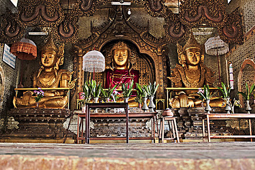 佛教,神祠,三个,金色,佛,茵莱湖,缅甸