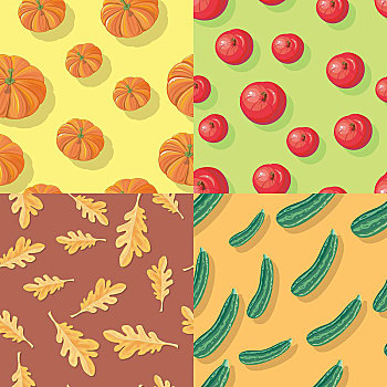 秋天,无缝,图案,无限,质地,彩色,南瓜,红苹果,绿色,橡树,叶子,蔬菜,西葫芦,夏南瓜,收集,背景,矢量