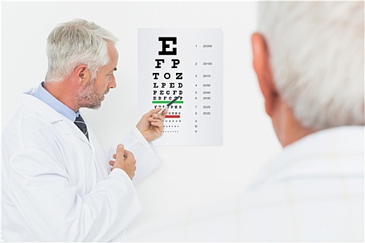 儿科医生,眼科医生,老人,病人,指点,视力表