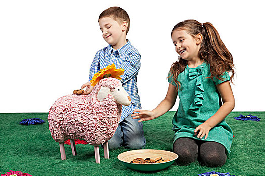 笑,孩子,玩,玩具,绵羊