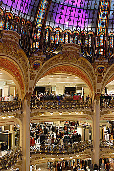 法国,巴黎,区域,著名,商店,老佛爷百货,局部,艺术装饰,有色玻璃,屋顶