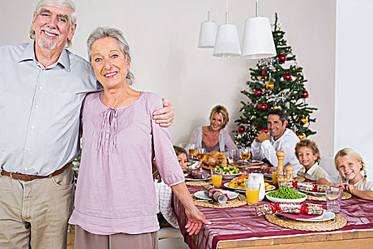 微笑,祖父母,站立,餐桌,圣诞时节