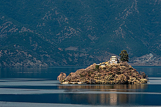 风景,房子,上面,小岛,泸沽湖,黄昏,云南,中国