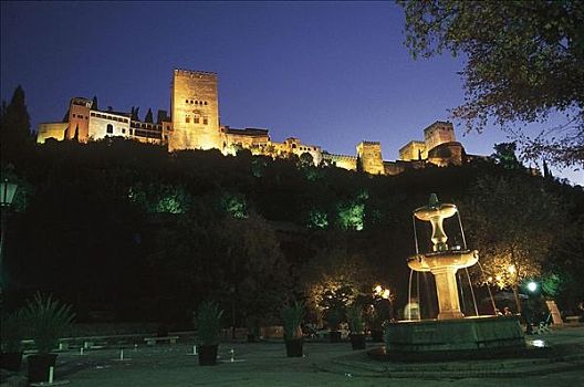 阿尔罕布拉,夜晚,喷泉,格拉纳达,安达卢西亚,西班牙,欧洲