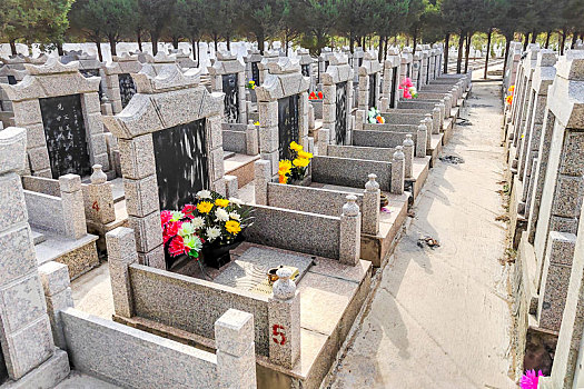 河南滑县,寒衣节的公墓,人们在墓碑前摆放鲜花和祭品