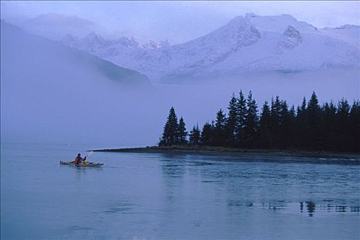 皮划艇手,雾状,湖,冬天