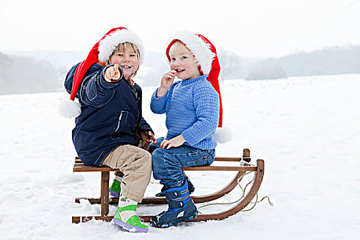 两个男孩,雪橇,戴着,圣诞节,帽子