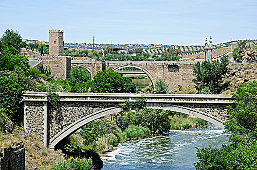 桥,上方,塔霍河,背影,托莱多,西班牙,欧洲